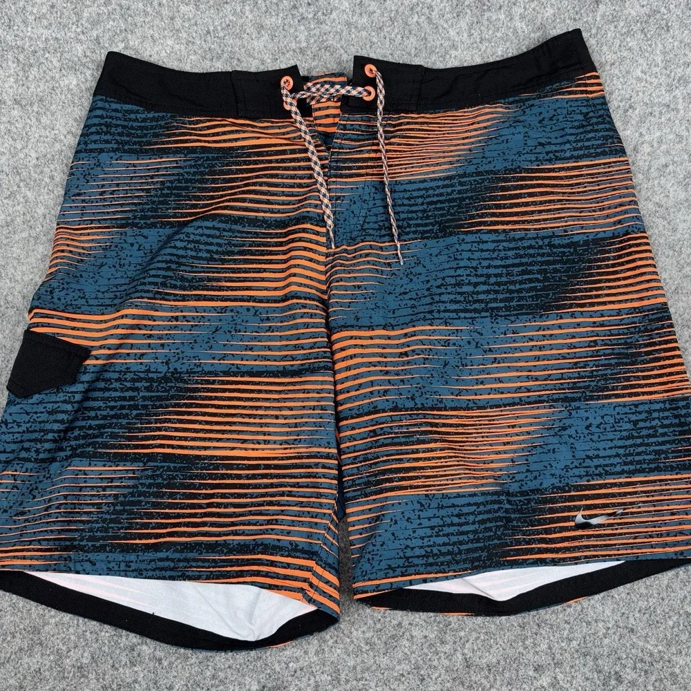 Nike Board Shorts Men 36 Swim Trunks Stretch Striped Surf Blue Orange Black EUC